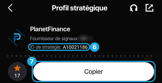 Profil de la stratégie PlanetFinance dans Vantage : 6, l'ID de stratégie A10021186 ; 7, le bouton Copier en bas de l'écran.